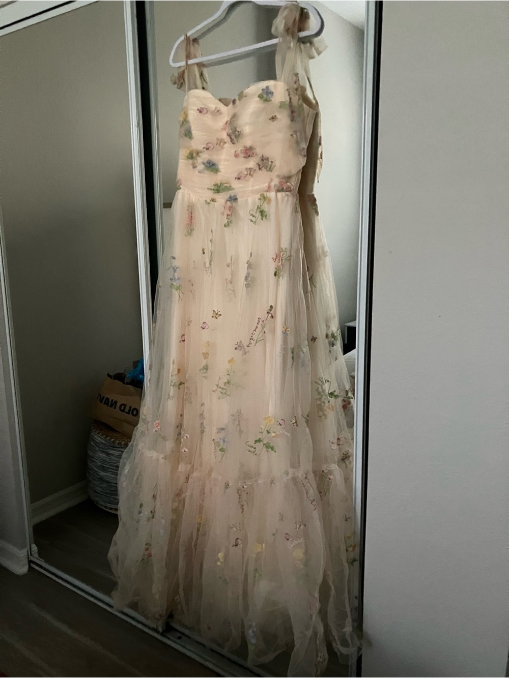 Cream Floral Embroidered Tulle Maxi Dress
